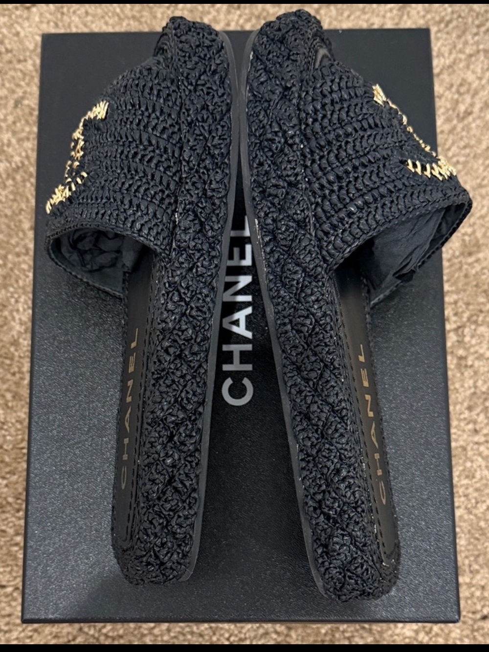 CHANEL Raffia CC Slide Sandals – Black & Gold Logo – Size 37 - Picture 5 of 9